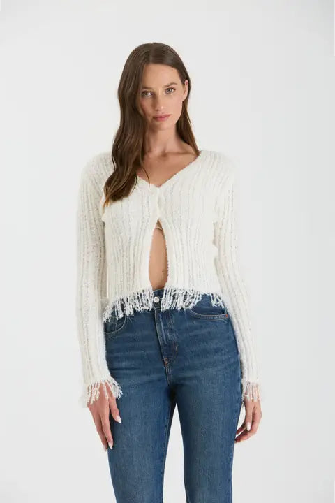 Fringe V Neck Button Front Knit Cardigan