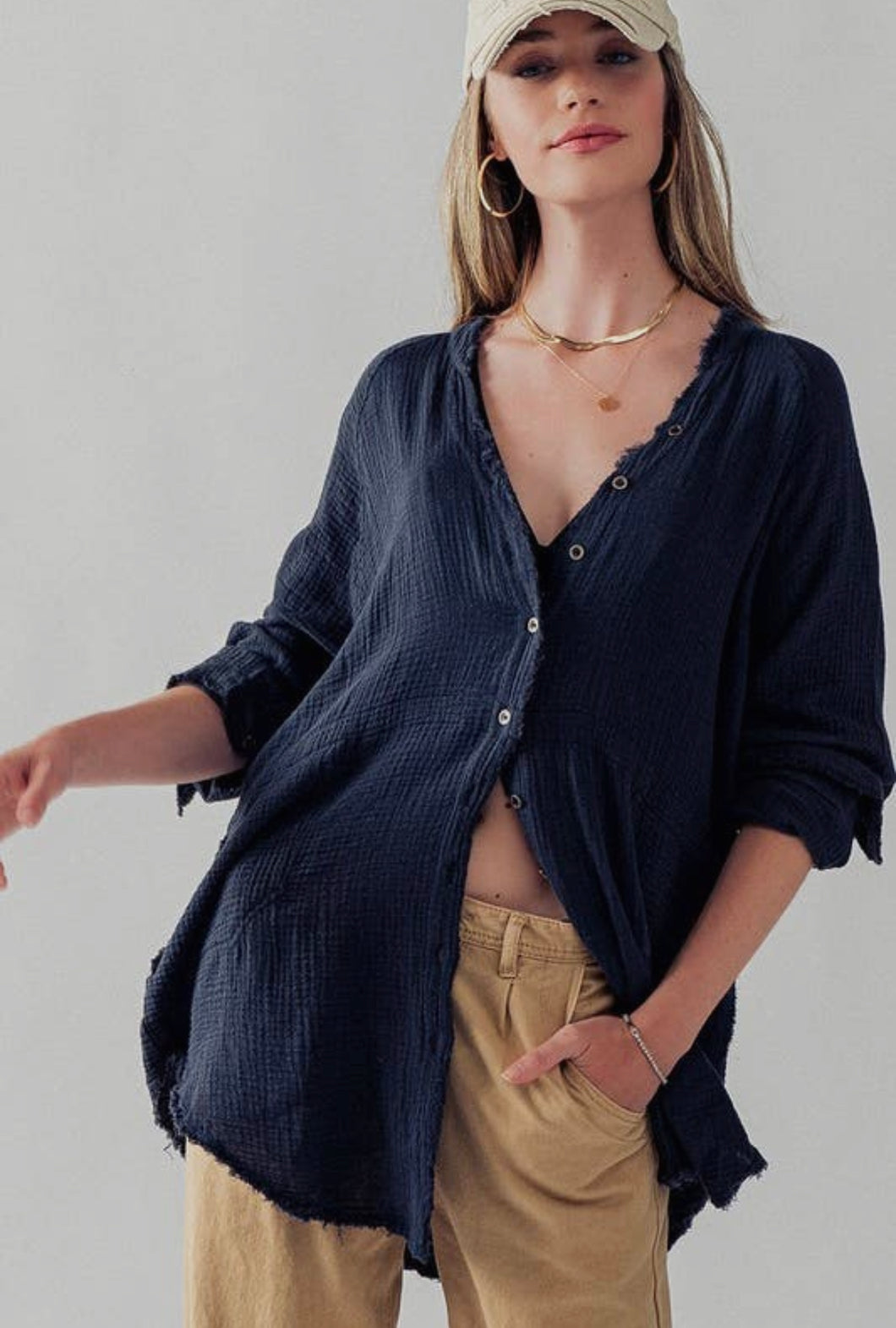 Oversized Raw Cut Gauze Button Up