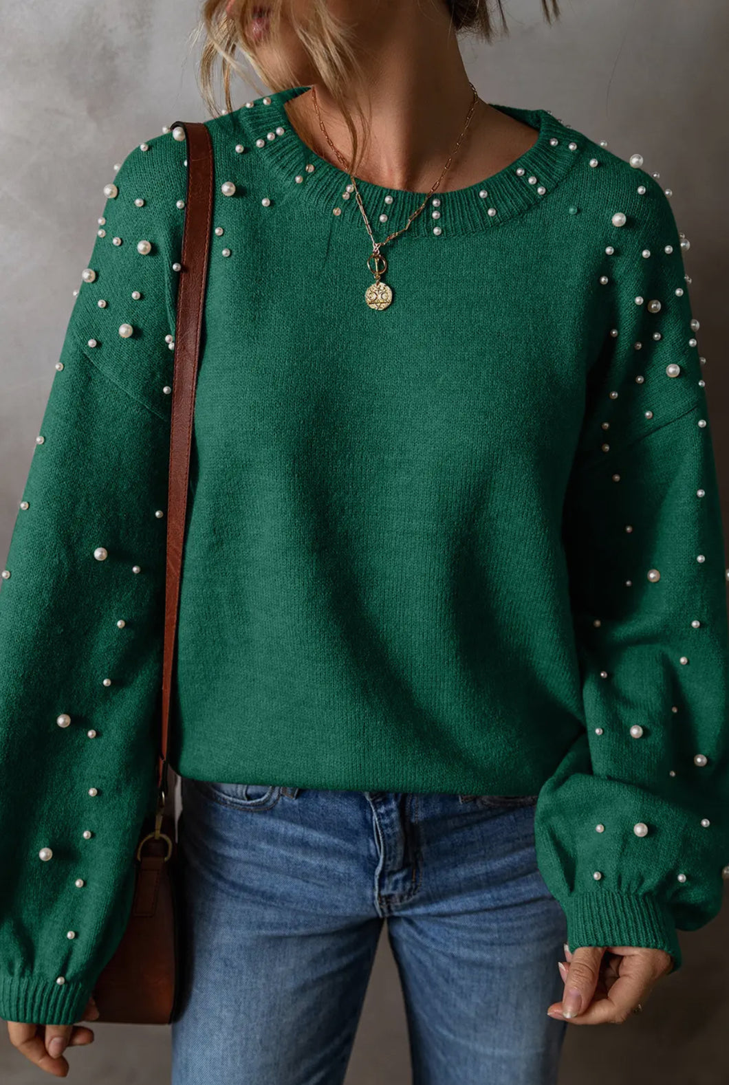 Long Sleeve Round Neck Pearl Pullover Evergreen Sweater