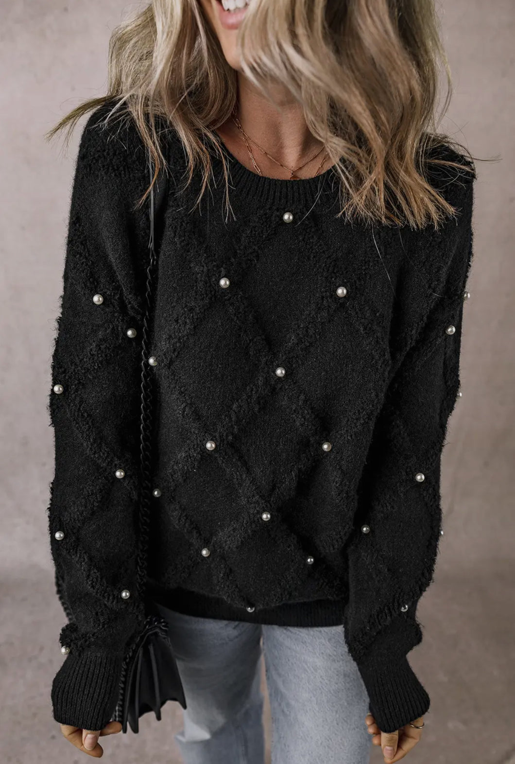 Pearl Embellished Rhombus Pattern Sweater