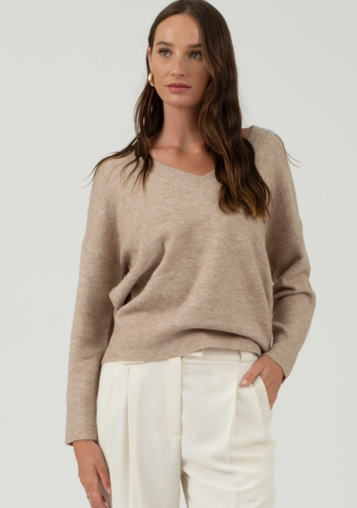 Solid V Neck Drop Shoulder Knit Sweater