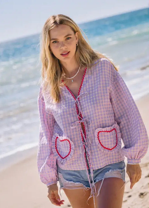 Colorful Gingham Front Tie Blouse