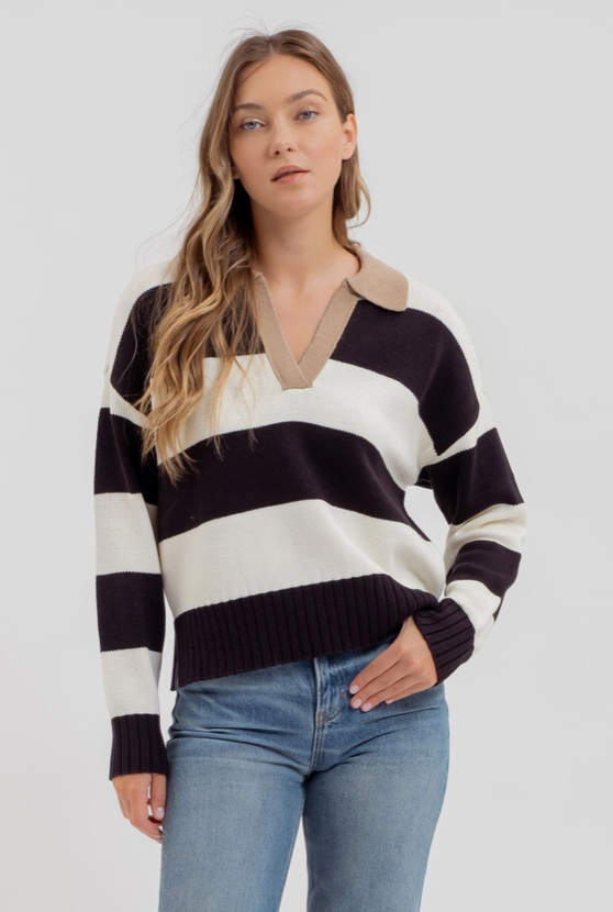 Stripe Contrast Collar Long Sleeve Knit Sweater